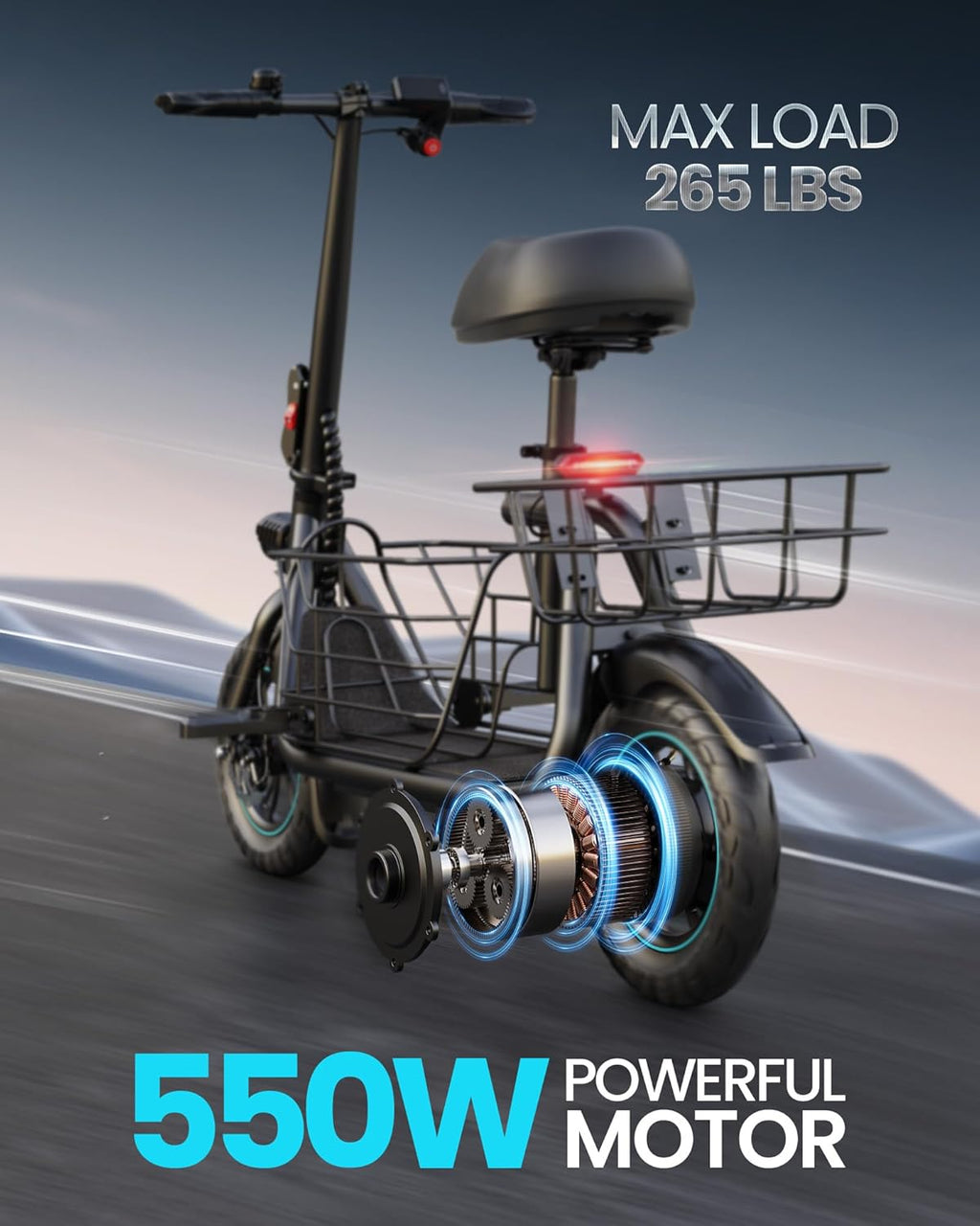 Gyroor Electric Scooter with Basket & Seat, 550W, 20 Mile Range