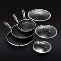 HexClad 6 Piece Hybrid Stainless Steel Cookware Pan Set 8 inch 10 inch 12 inch with Glass Lids Size: One size Black