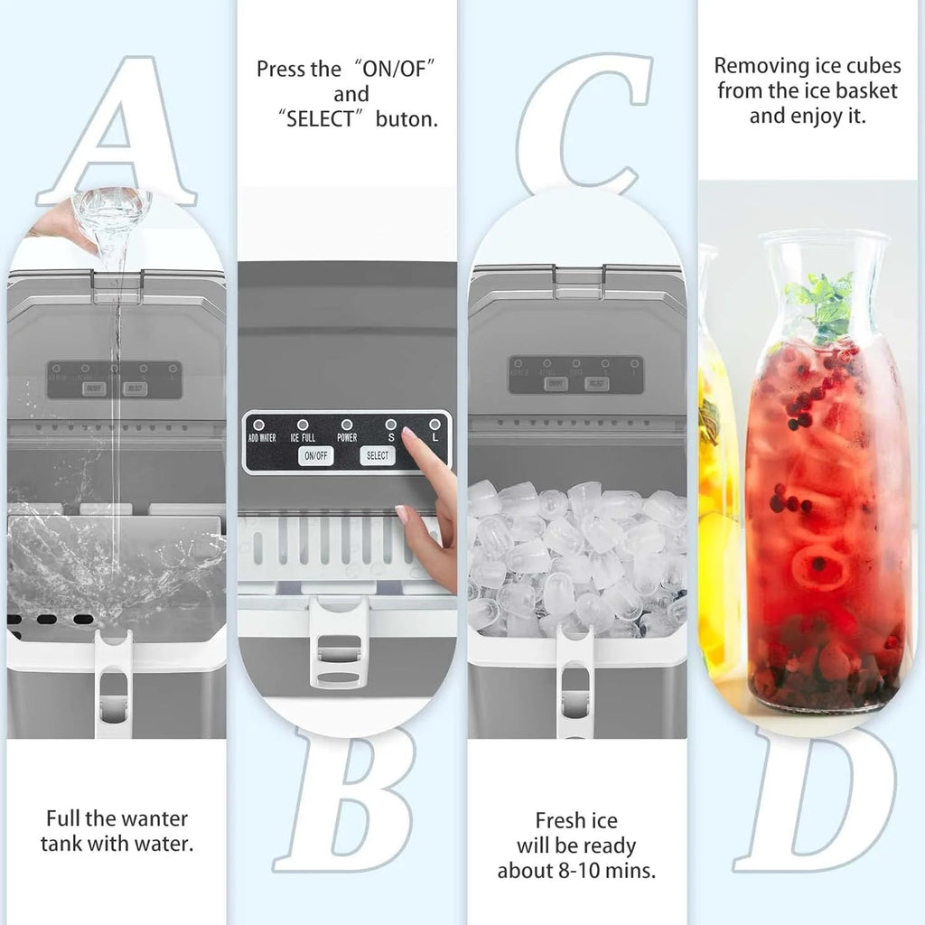 Countertop Ice MakerPortable Ice Machine with Carry HandleSelf-CleaningBasket and Scoop9 Cubes in 6 Mins26.5lbs/24Hrs2 Sizes of Bullet Icefor HomeKitchenPartyGrey