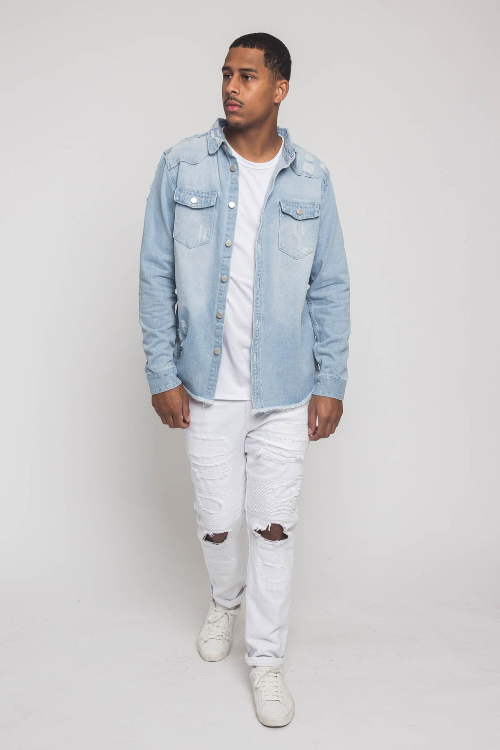 Distressed Denim Button Up Shirt Jacket