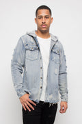 Hooded Distressed Denim Button Up Shirt