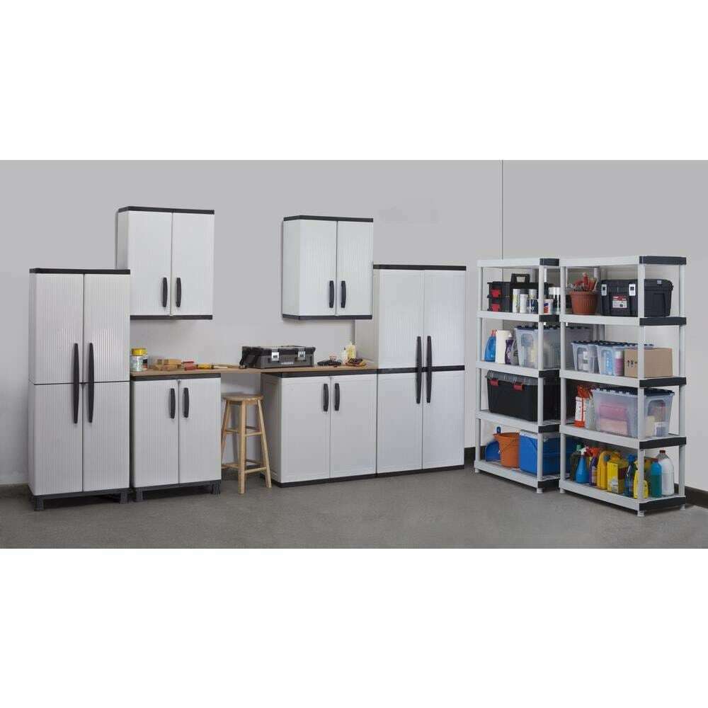 HDX Gray Plastic Freestanding Garage Cabinet with Adjustable Shelves & Lockable Doors, 35"W x 71"H x 18"D