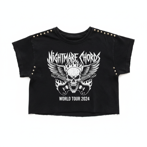 Black crop top with rock band logo print