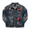 Distressed denim jacket with rock patches