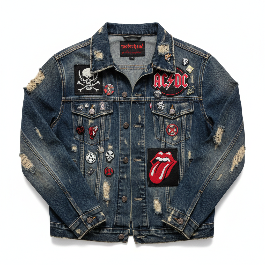 Distressed denim jacket with rock patches