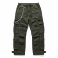 Dark olive green rock festival cargo pants with chain detail