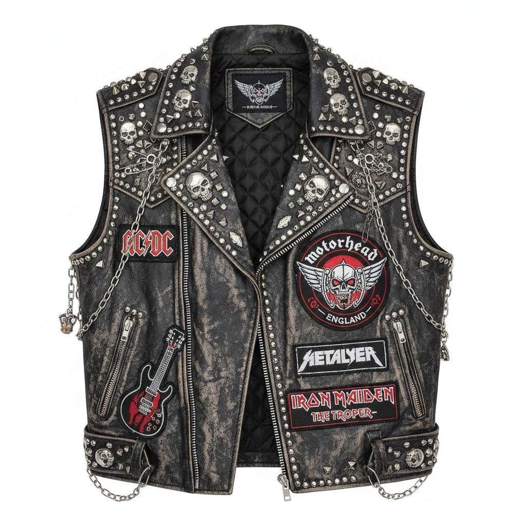 Black leather biker vest with metal studs and rock patches