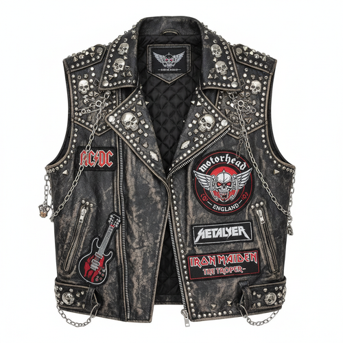 Black leather biker vest with metal studs and rock patches