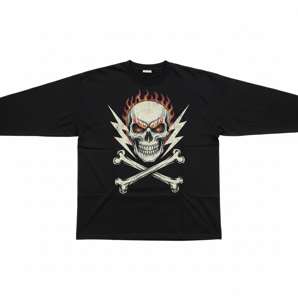 Black long sleeve tee with skull and crossbones rock print