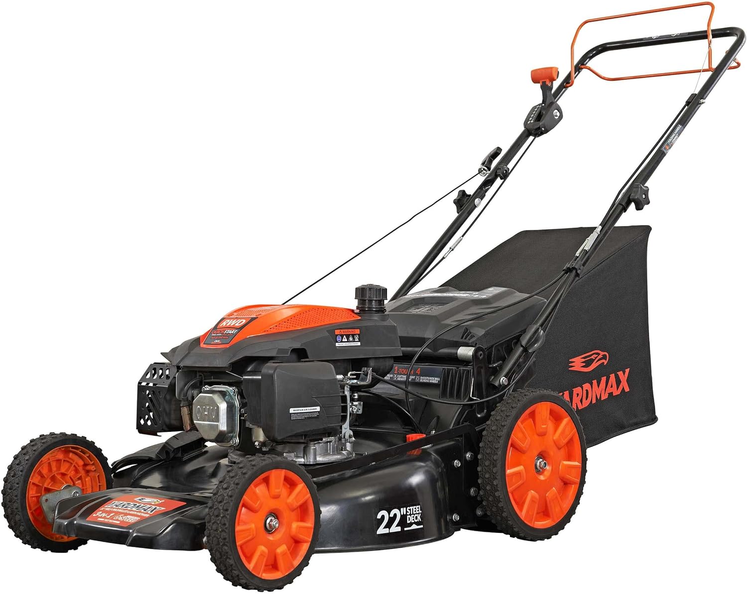 YARDMAX 22" Gas Self-Propelled Lawn Mower, 201cc, 6-Speed CVT, High Wheel RWD, 3-in-1, Black